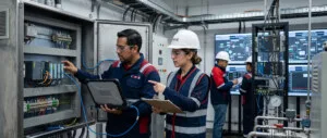 Ingeniero especialista trabajando en sistemas de automatización y control industrial para optimizar procesos productivos en instalaciones industriales.