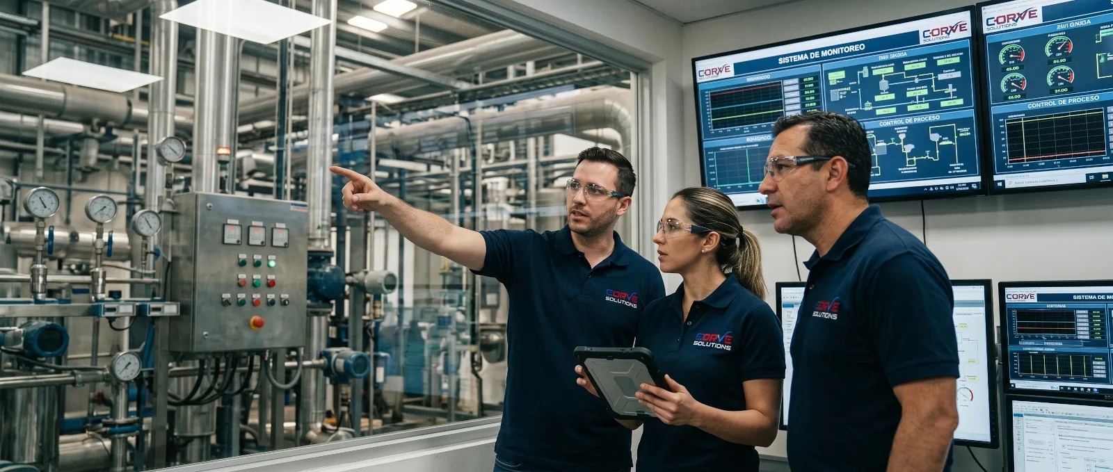 Ingenieros de CORVESO trabajando en soluciones de automatización industrial, sistemas de medición y monitoreo de procesos industriales.