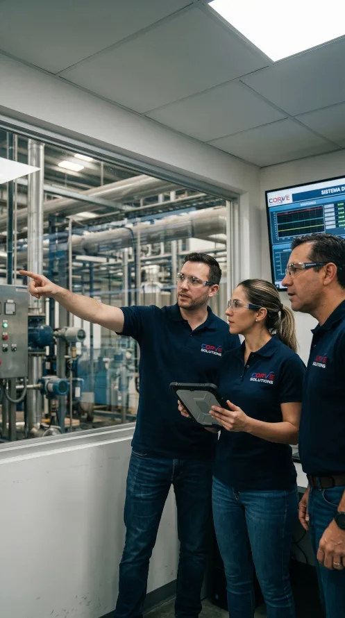 Ingenieros de CORVESO trabajando en soluciones de automatización industrial, sistemas de medición y monitoreo de procesos industriales.