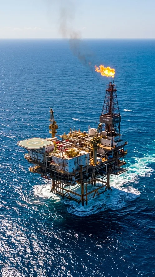 Plataforma petrolera offshore en operación para extracción de petróleo y gas en alta mar.
