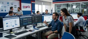 Especialista desarrollando software industrial para monitoreo de procesos, análisis de datos y optimización de operaciones empresariales.