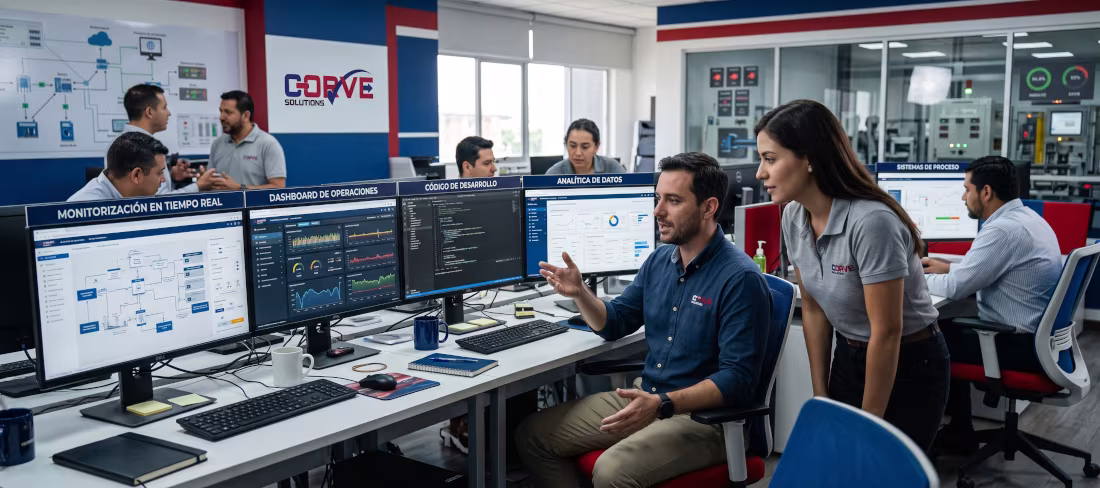 Especialista desarrollando software industrial para monitoreo de procesos, análisis de datos y optimización de operaciones empresariales.