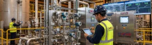 Especialista supervisando sistemas de medición industrial, instrumentación avanzada y monitoreo de variables críticas en procesos del sector energético e industrial.